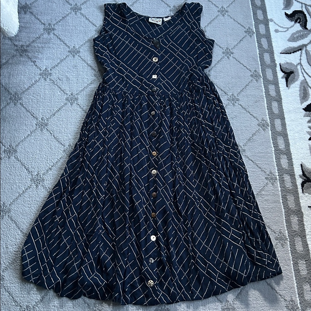Vintage 24 Karat Navy Blue Sleeveless Midi Dress with Wooden Look Buttons